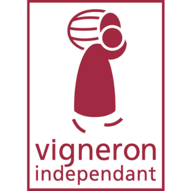 Logo de Vigneron Indépendant, représentant une personne portant une grappe de raisin.